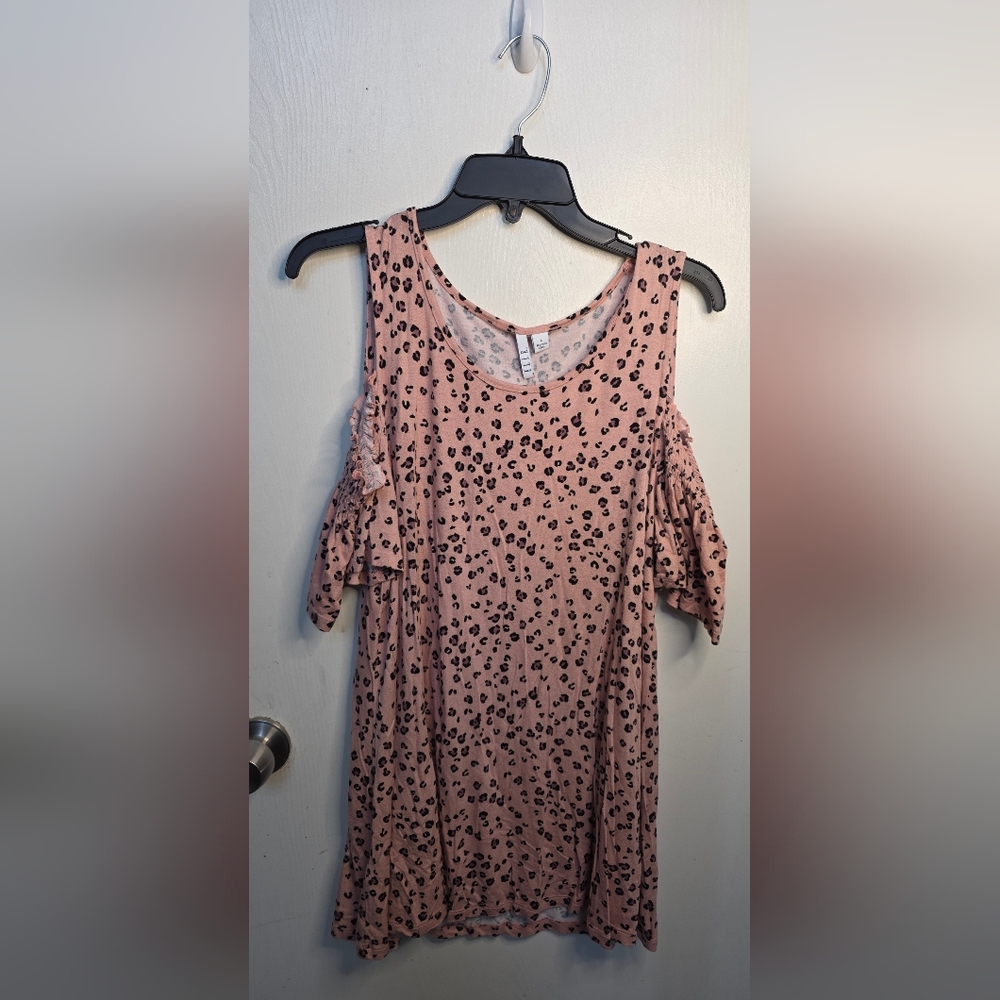 *3 FOR $12* Elle Blush Leopard Print Ruffled Cold Shoulder Cut Out Blouse